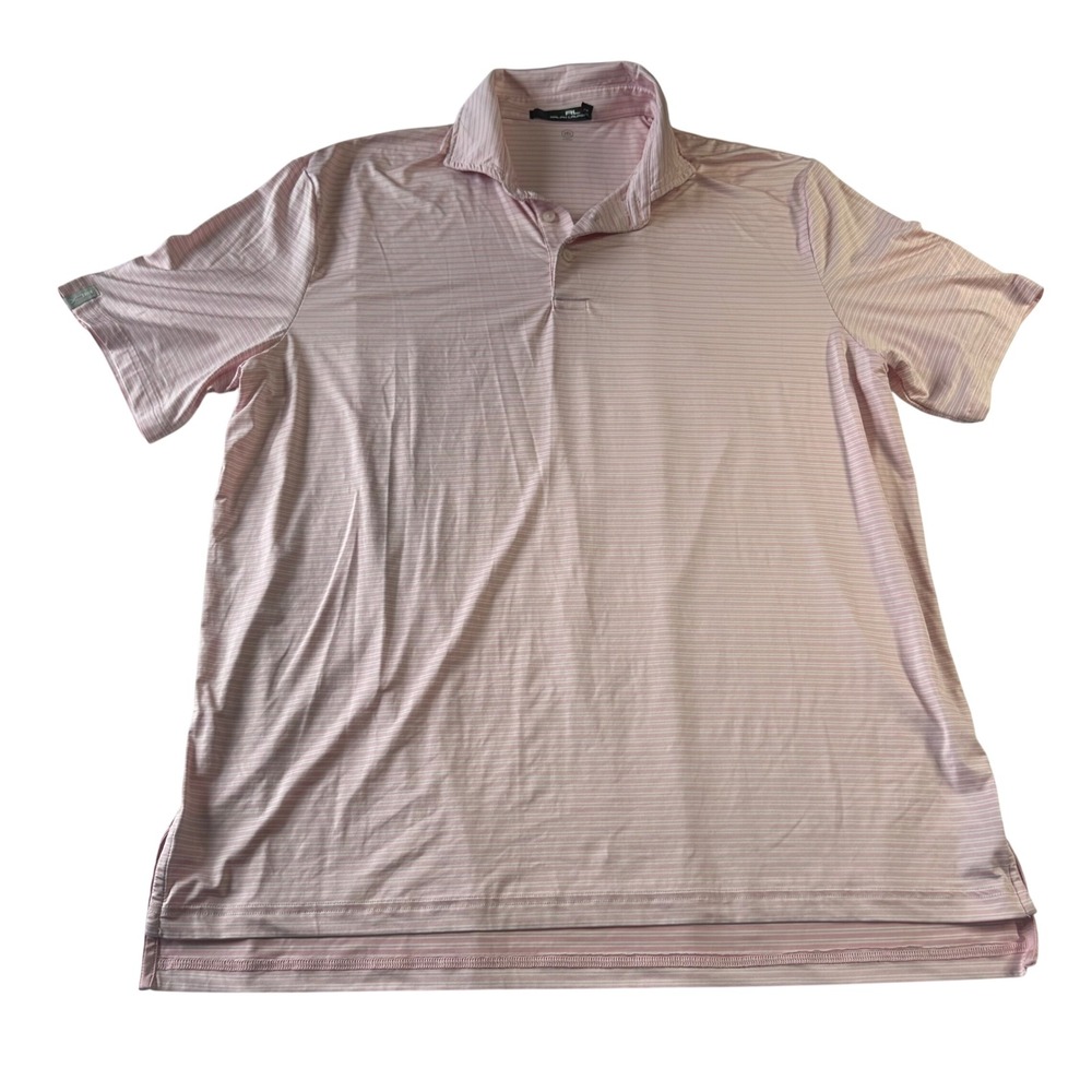 RLX Ralph Lauren Mens Pink White Striped Wicking Golf Polo Shirt Large L C29